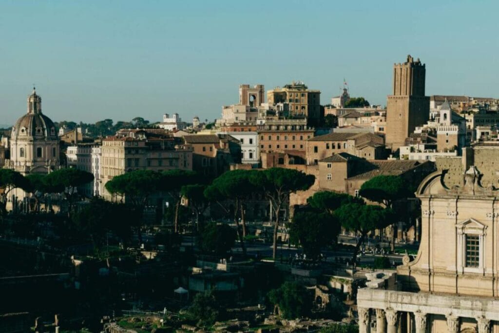 Panoramic view of Rome's historic skyline and rooftops
