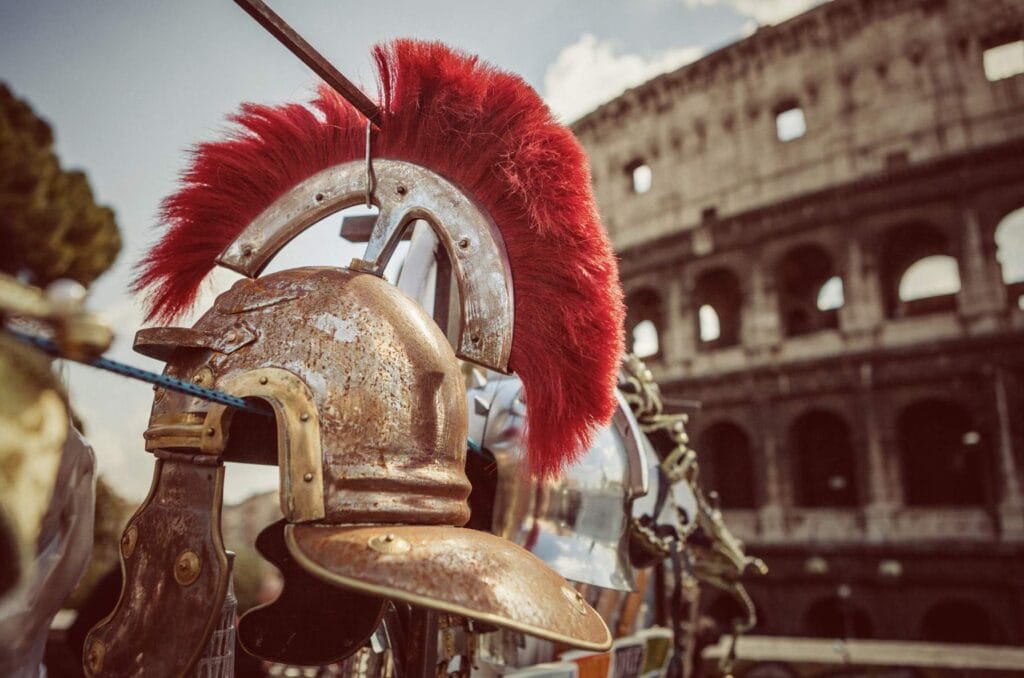 Gladiator helmet in Rome – a highlight of the gladiator school experience for large families visiting Italy.