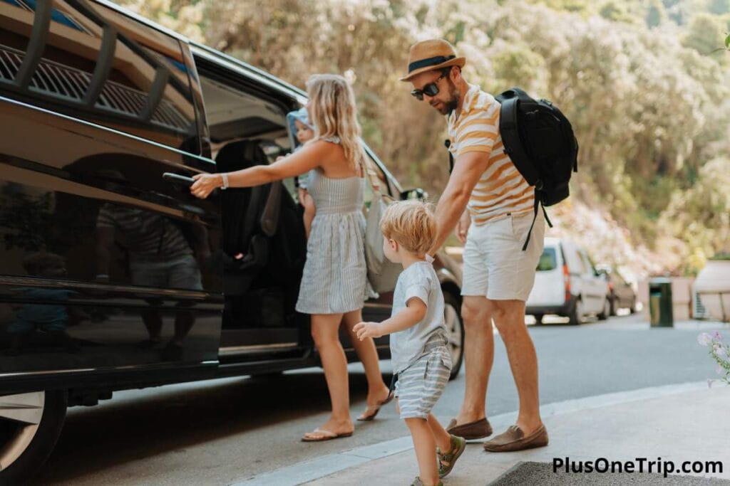 Large family loading luggage into a private minivan for a Rome airport transfer